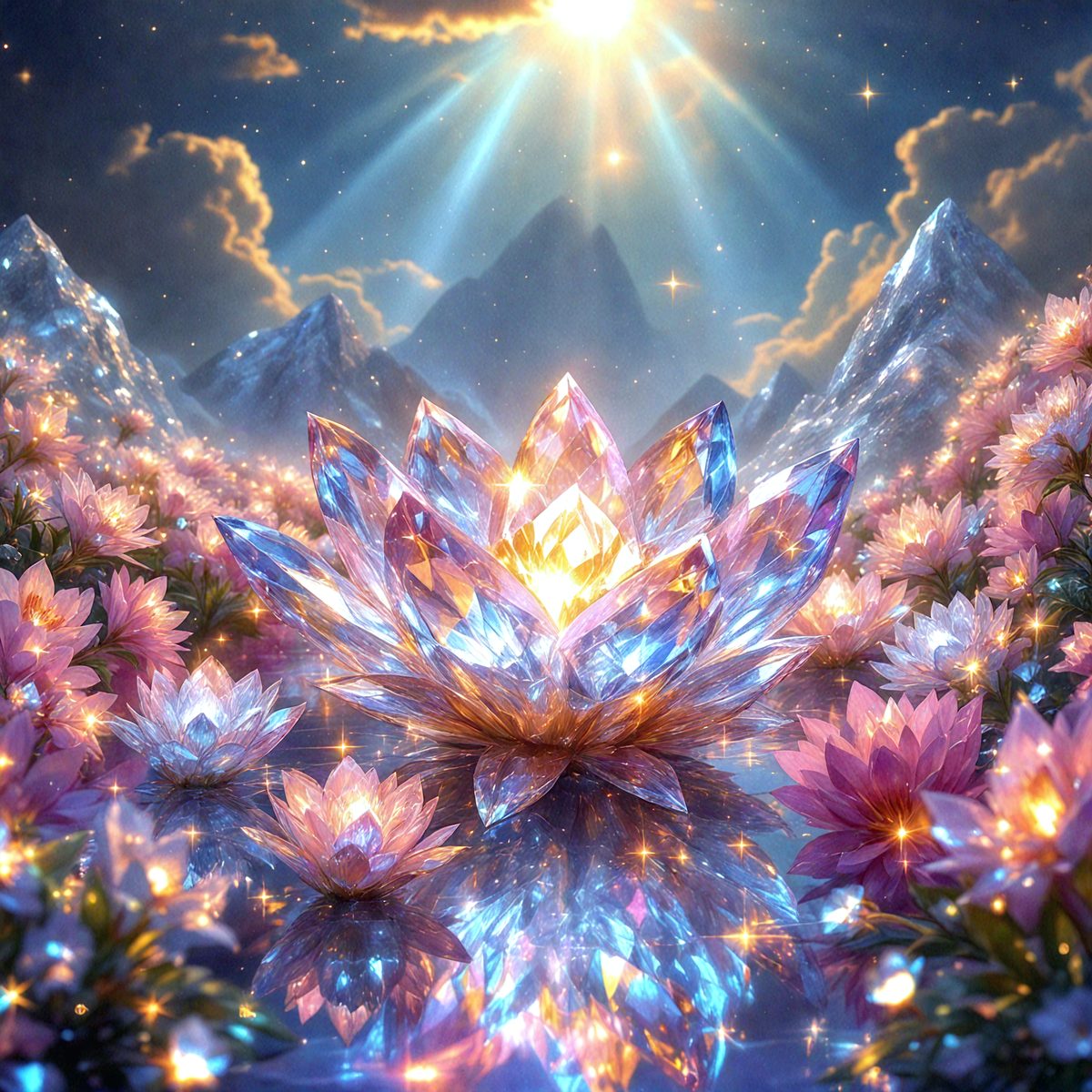 The primary subject of the image is a large, colorful crystal flower. The flower is surrounded by a beautiful, vibrant garden setting. The visual style of the image is a combination of digital art and illustration, creating a stunning and unique artwork. The dominant colors in the image are blue, pink, and yellow, giving the scene a lively and cheerful atmosphere.